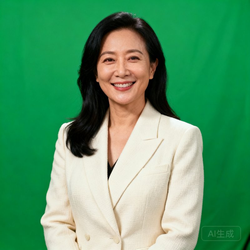 美高梅集团COO林语涵的职业形象照，女性约38岁，长发，穿着米白色西装外套，站在数字媒体工作室的绿幕背景前，笑容亲切专业。