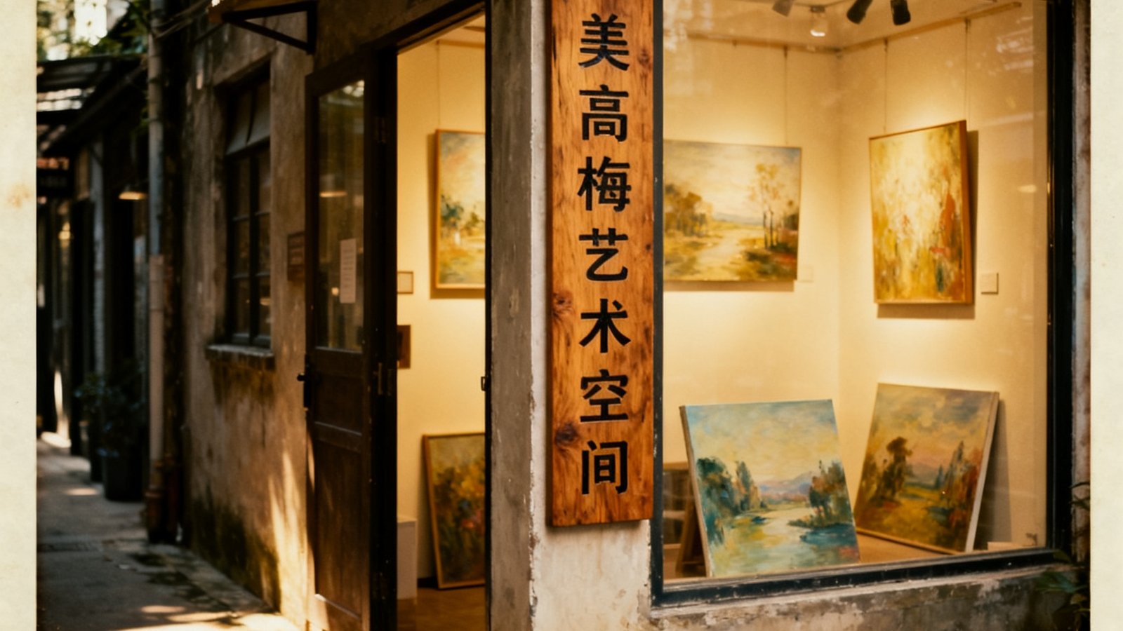 深圳华侨城创意园内一间小型画廊的旧照片，门口挂着美高梅艺术空间的木质招牌，橱窗里展示着几幅油画，街道安静而充满文艺气息。